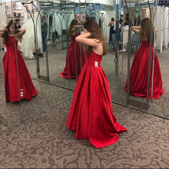 Red, High Neck, Satin Ballgown - Picture 3 of 3